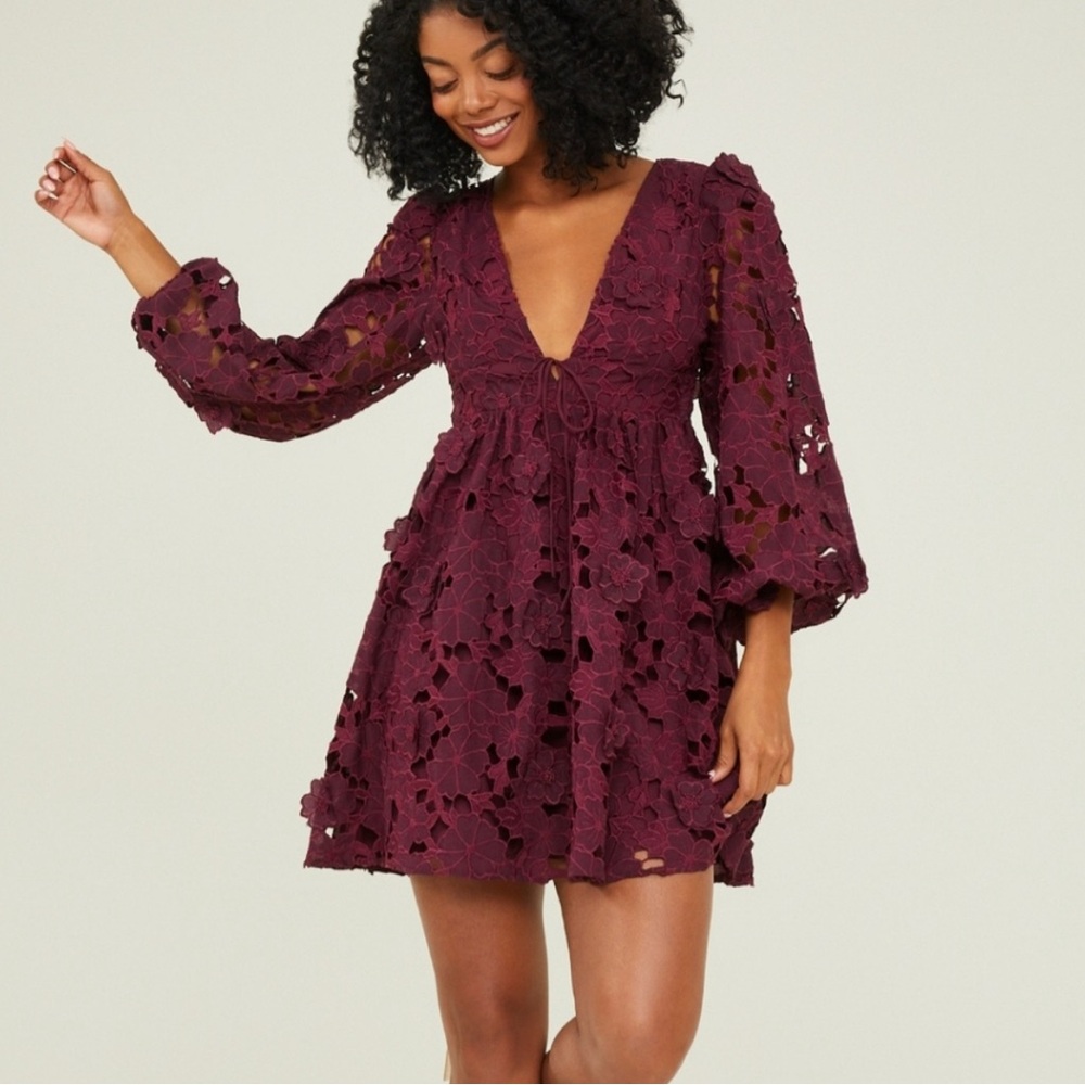Altar’d State Sun Goddness Crochet Floral Overlay Dress in Winetasting Purple.